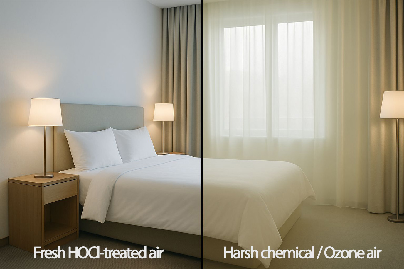 Neutral industrial facility with one side appearing hazier and the other side cleaner, representing odor control performance with HOCl.