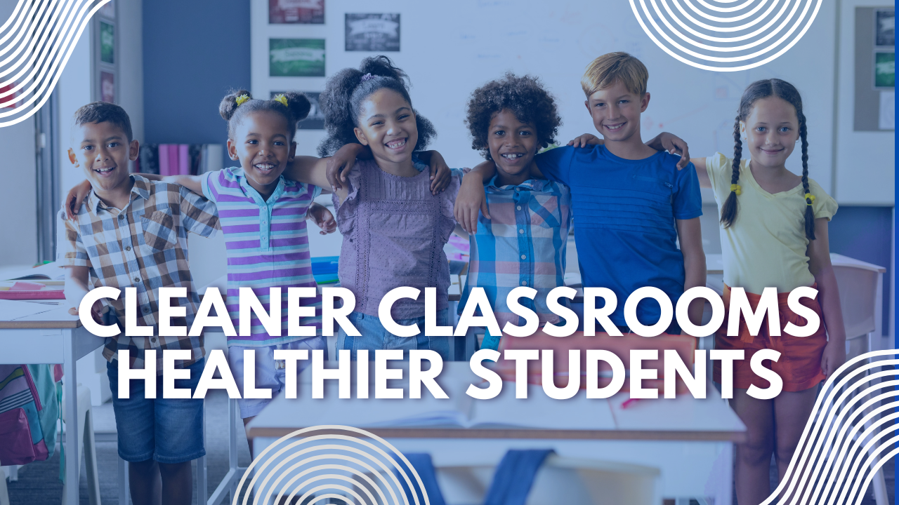 Cleaner classrooms with HOCl based disinfection and improved indoor air quality Elementary school classroom with clean air and bright light, representing HOCl based disinfection and better indoor air quality for students.