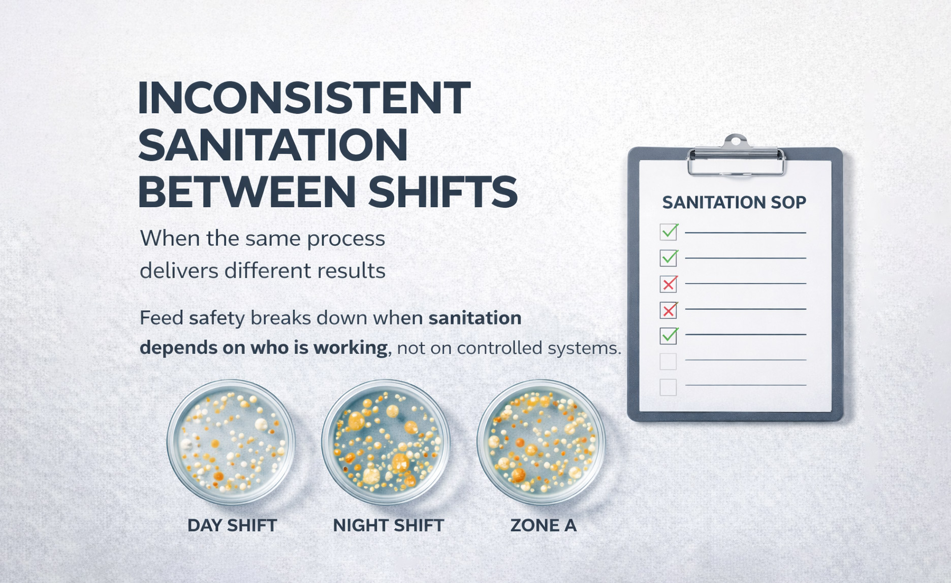 Feed and ingredient facility sanitation operations with focus on consistent, controlled sanitation outcomes between shifts