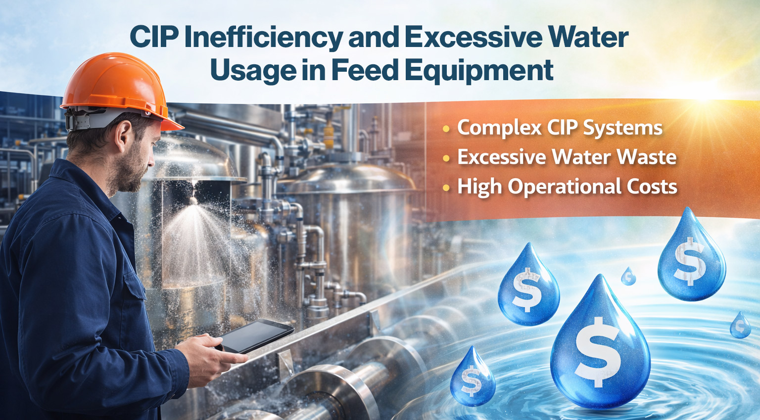 Feed handling equipment Clean in Place sanitation showing water use, cycle time, and operational cost drivers